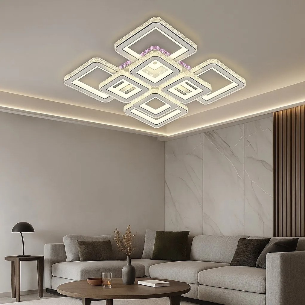 💡 Lustra LED L7965/4+4CZ WH+CR – Patrate cu Cristale și Control Inteligent