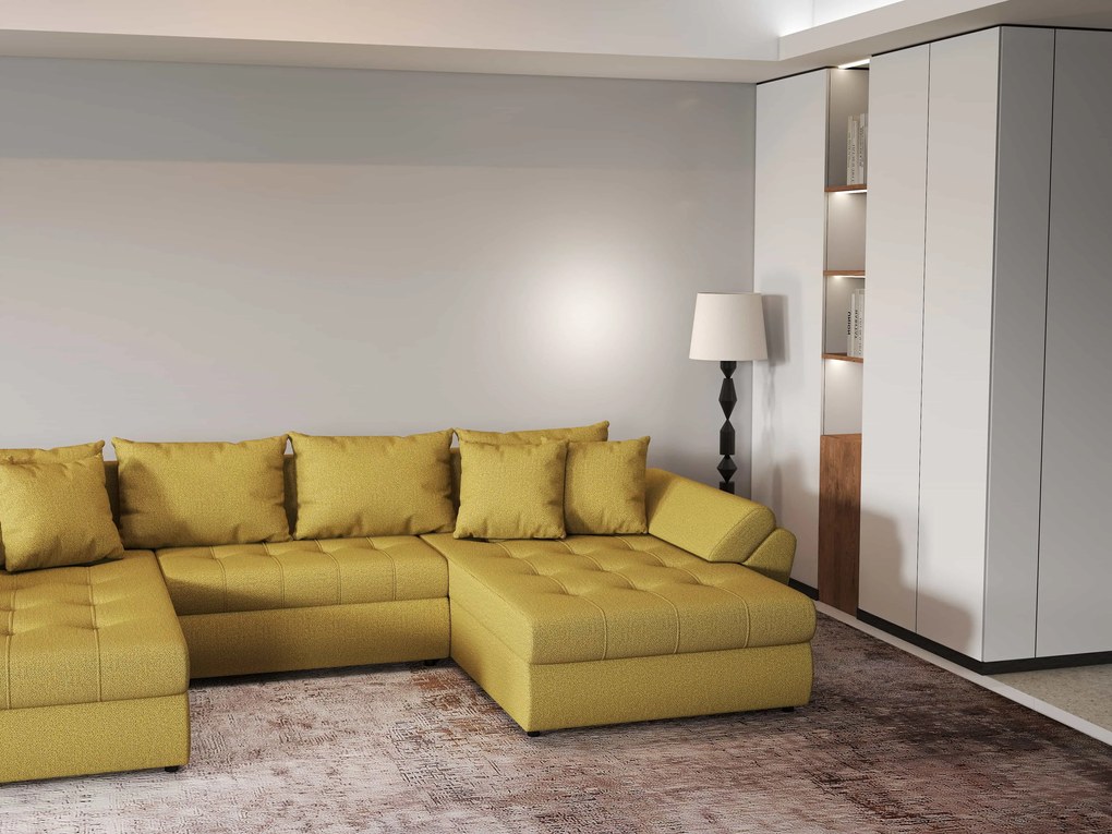 Colțar extensibil dumonde cu ladă de depozitare si sezut confortabil din spuma high-density, Loana U Enjoy Melon 355x185 cm