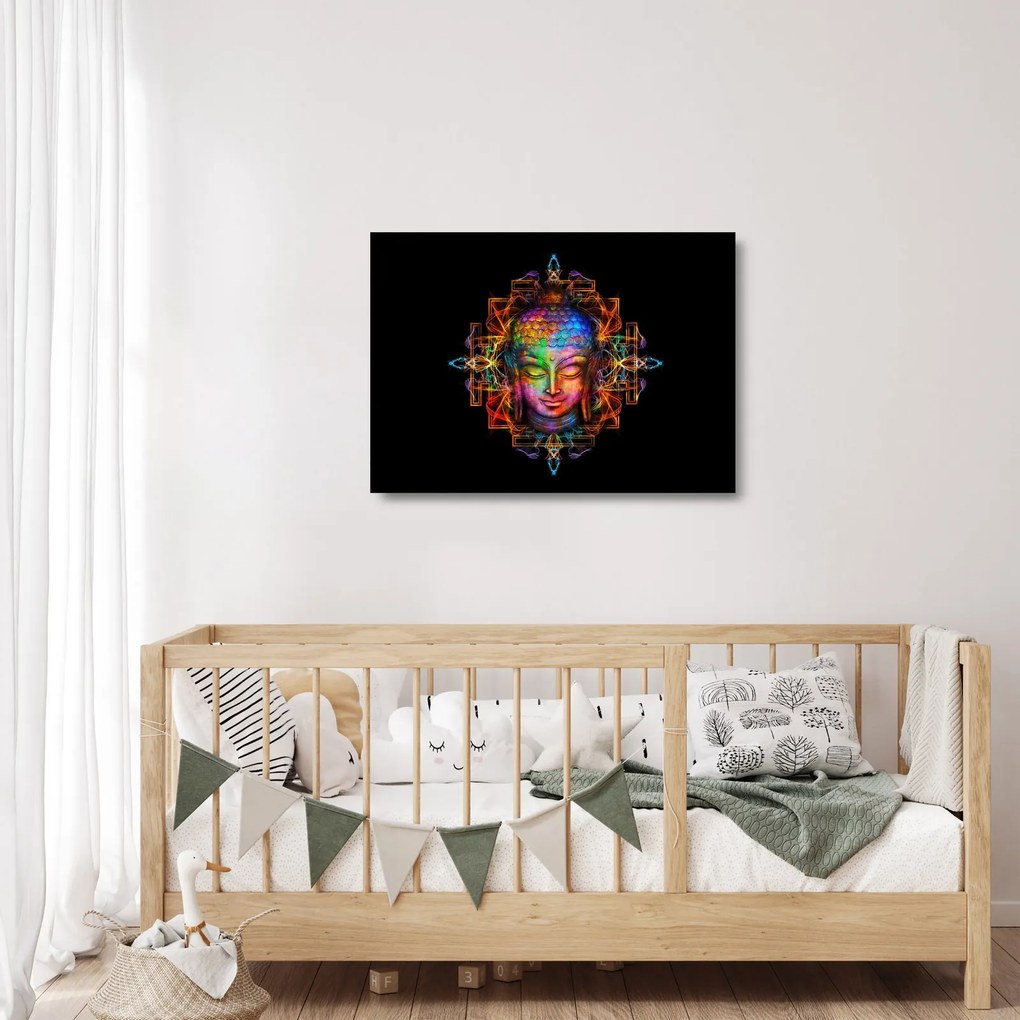 Tablou pe sticlă - Bustul lui Buddha în culori neon (70x50 cm)