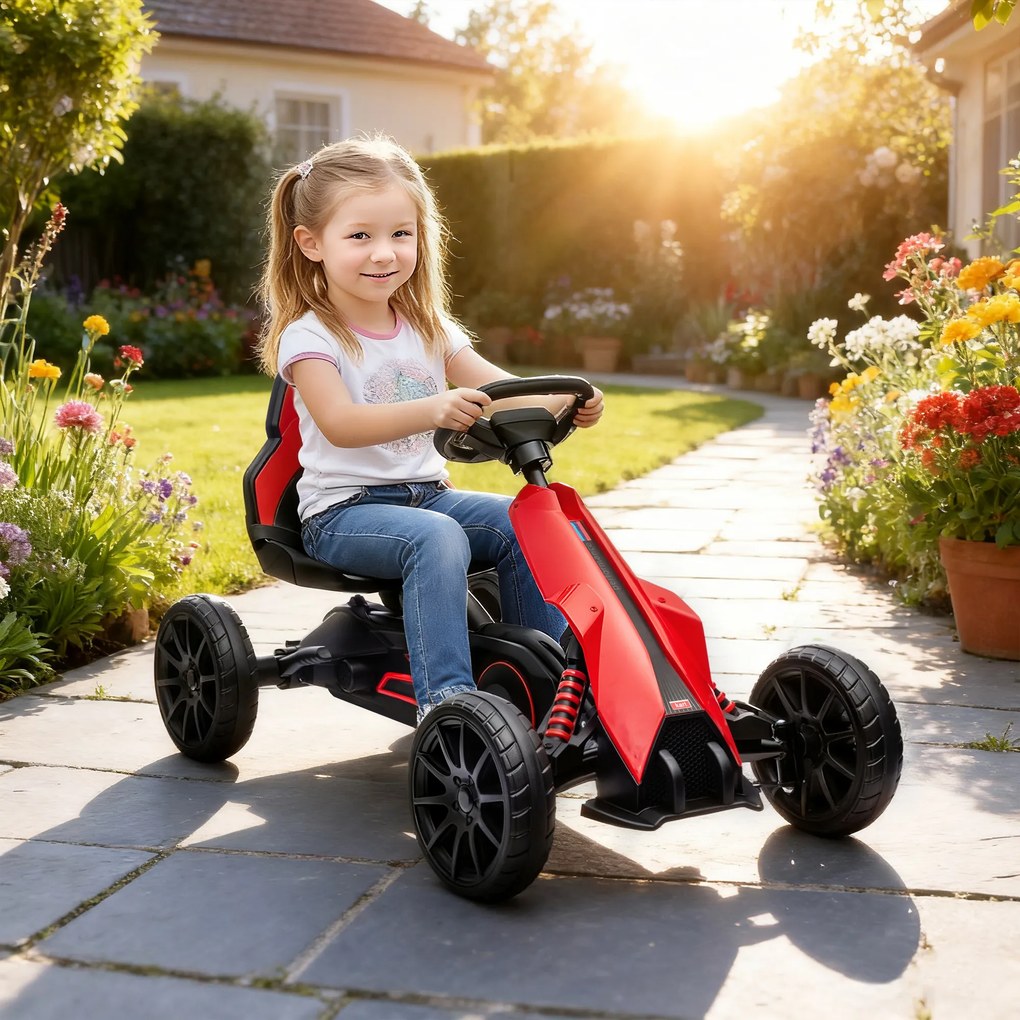 Kart cu pedale pentru copii cu vârsta între 3-8 ani cu scaun reglabil în 4 poziții și roți EVA, 100x58x58,5cm roșu și negru HOMCOM | Aosom Romania