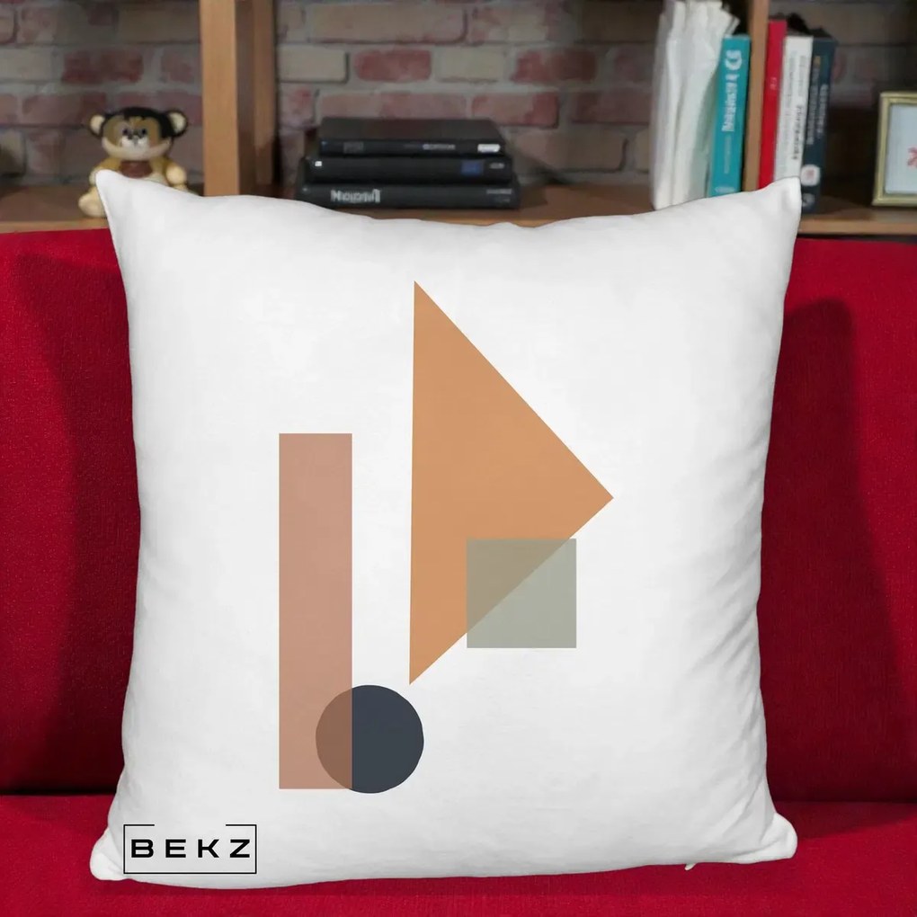 Perna Decorativa Geometric Bauhaus Triunghi, 40x40 cm, Alb Pufos, Husa Detasabila, Perna Inclusa, BEKZ®