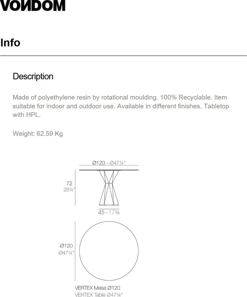 Masa de exterior / interior design modern premium VERTEX 120cm