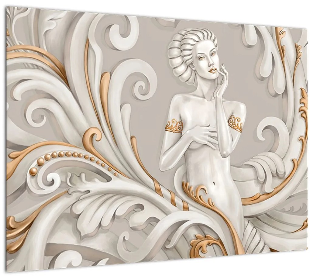 Tablou pe sticlă - Imagine a zeiței într-un fundal ornamental (70x50 cm)
