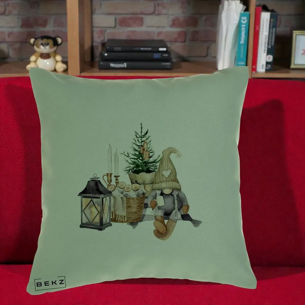 Perna Decorativa Gnom Scandinav cu Felinar, 40x40 cm, Verde, Husa Detasabila, Perna Inclusa, BEKZ®