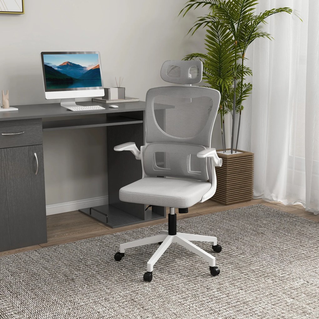 Vinsetto Scaun Ergonomic de Birou, Tetieră Reglabilă, Suport Lombar, 70x66x120-128 cm, Gri | Aosom Romania