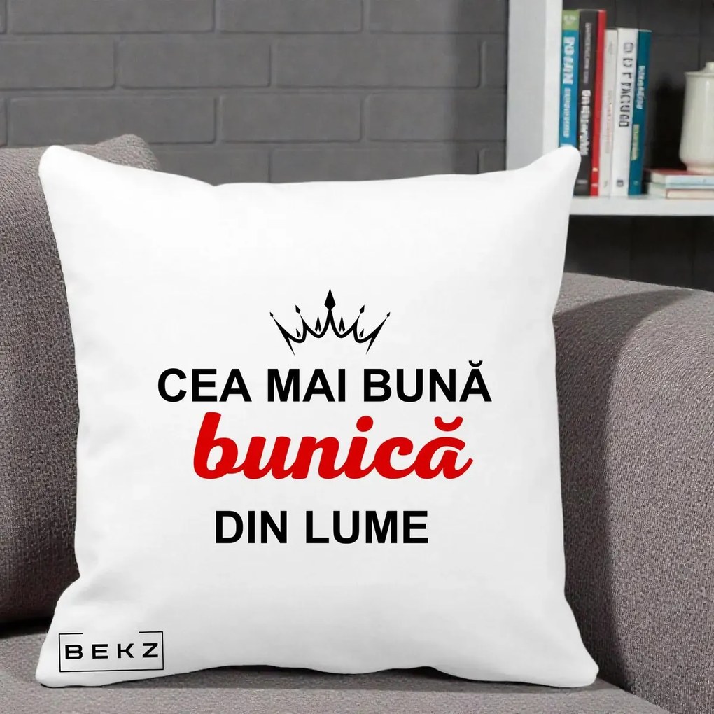 Cadou pentru Bunica - Perna Personalizata Cea Mai Buna Bunica Din Lume Coroana Neagra, 40x40 cm, Alba Mata, Husa Detasabila, Perna Inclusa, BEKZ®