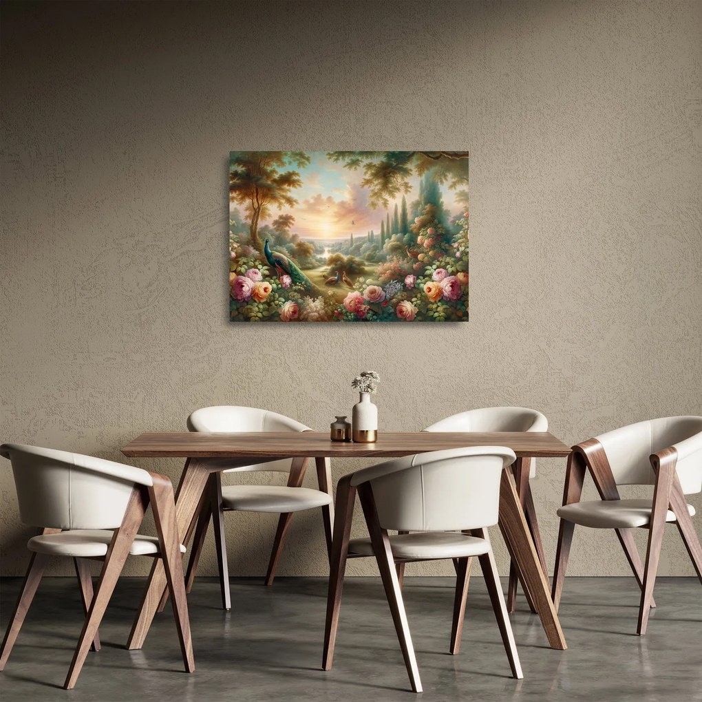 Tablou pe sticlă - Păuni în grădină (70x50 cm)