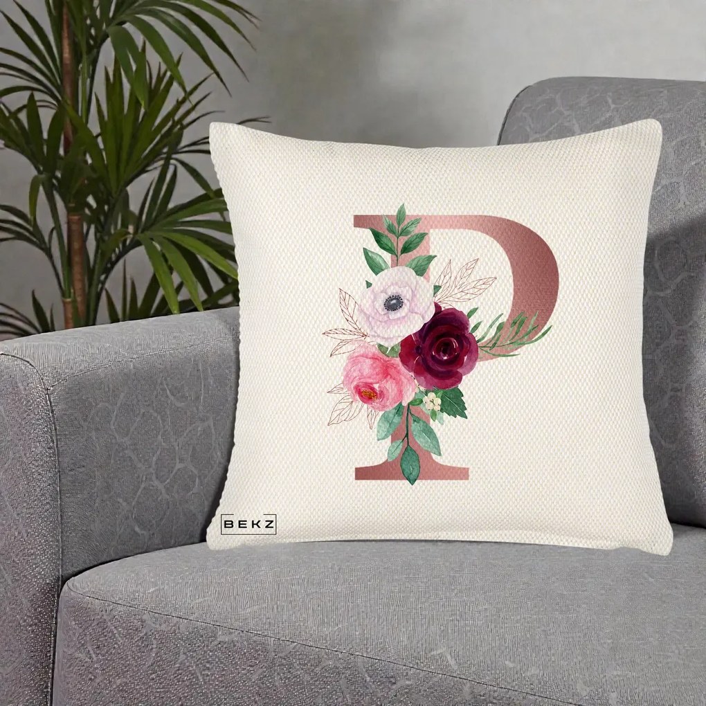 Cadou Personalizat - Perna Personalizata Monograma Rose Gold Litera P, 40x40 cm, Crem Reliefat, Husa Detasabila, Perna Inclusa, BEKZ®