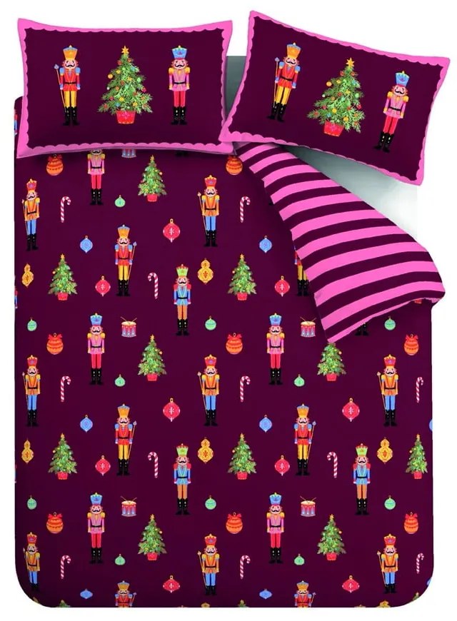 Lenjerie de pat roz-mov pentru pat dublu 200x200 cm Nutcracker Stripe – Catherine Lansfield