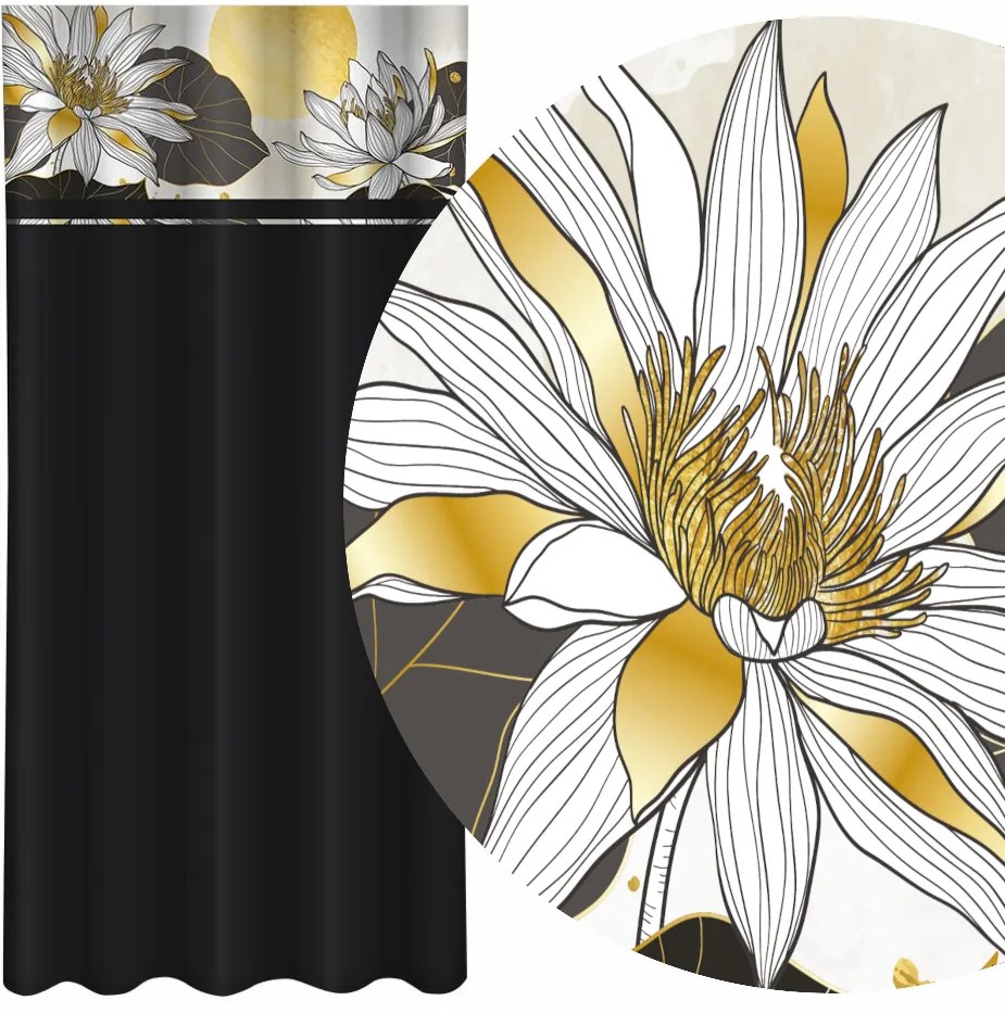 Draperie neagră clasică cu imprimare de flori de lotus Lățime: 160 cm | Lungime: 250 cm