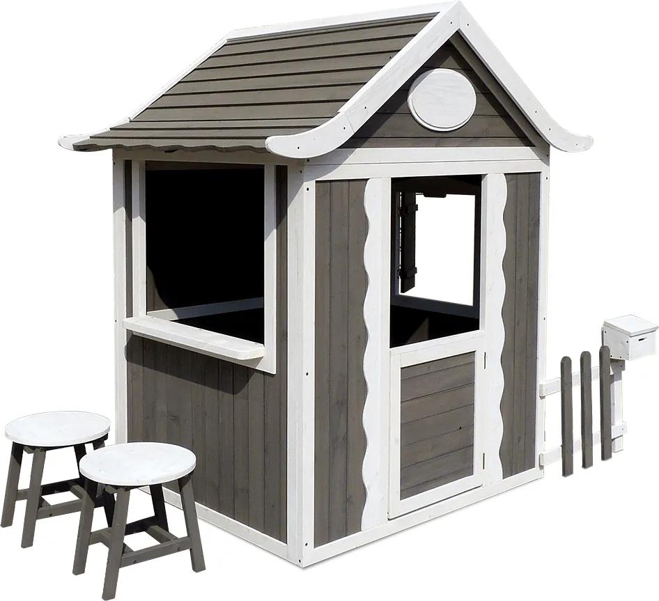 Căsuţă pentru grădină din lemn cu scaune şi cutie poştală, gri / alb, PEOR