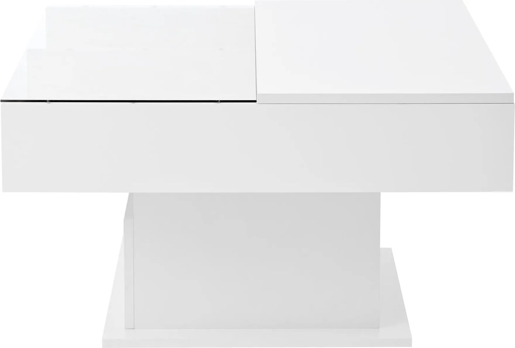 Masă de cafea multifuncțională, cu finisaj lucios și lift, cu iluminare LED, reglabilă pe înălțime și cu spațiu de depozitare flexibil, 78x78x45,5 cm, Alb