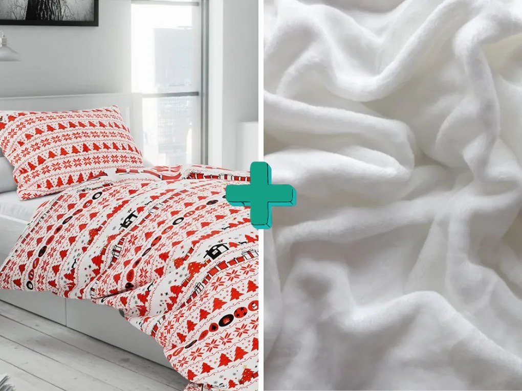 Lenjerie de pat flanel CHRISTMAS TOP rosu + cearsaf microplus SOFT 90x200 cm alb