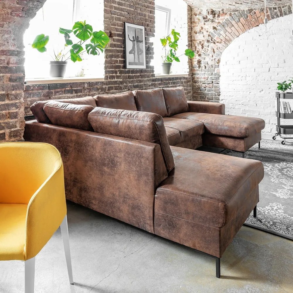 Canapea extensibilă în formă de „U” din imitație de piele cu șezlong pe partea stângă Miuform Lofty Lilly Vintage, maro