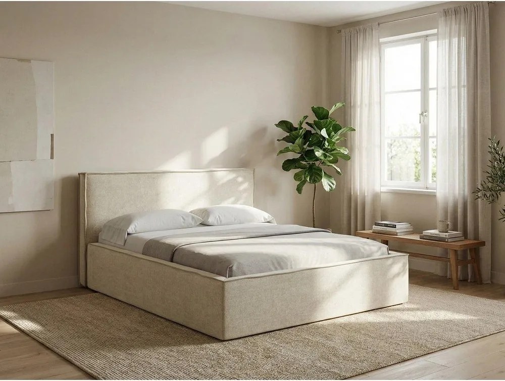 Pat matrimonial teracotă tapițat cu spațiu de depozitare cu somieră 140x200 cm Anani – Makamii