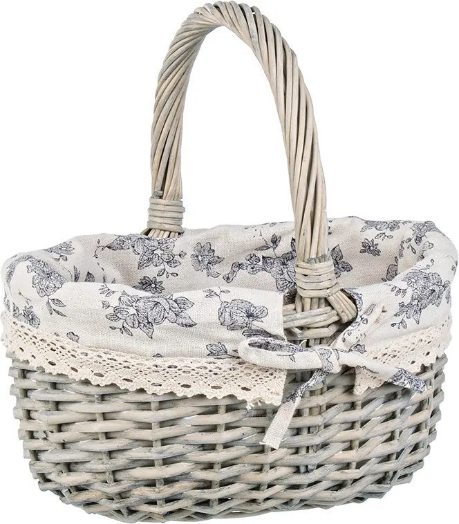 Cos oval cu maner rattan gri cu husa decor floral Cecilia 25 cm x 13 cm x 26 h