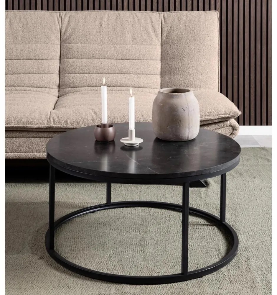 Măsuță de cafea neagră rotundă cu blat cu aspect de marmură ø 80 cm Spiro – Actona