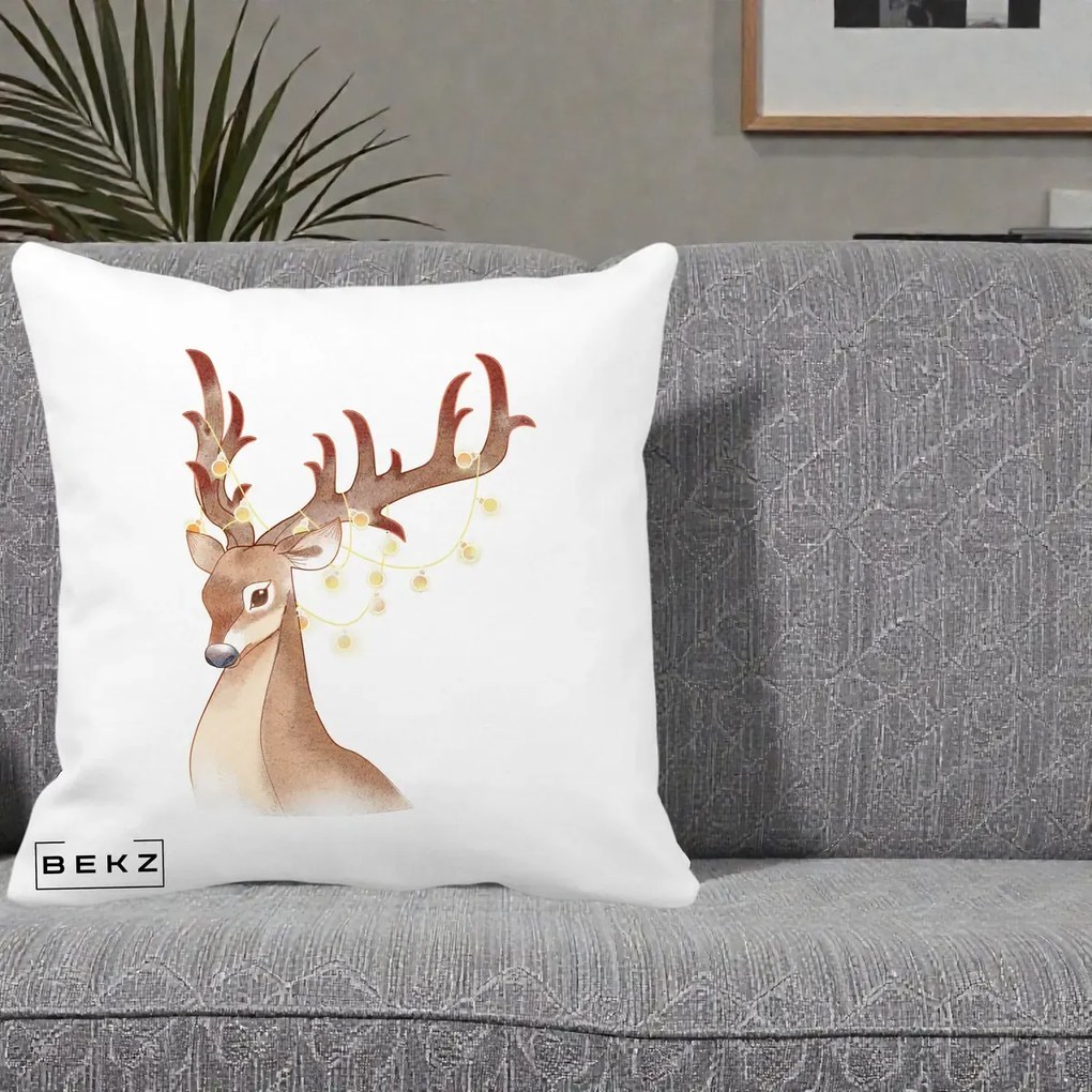 Perna Decorativa Ren cu Luminite de Craciun, 40x40 cm, Alba Mata, Husa Detasabila, Perna Inclusa, BEKZ®