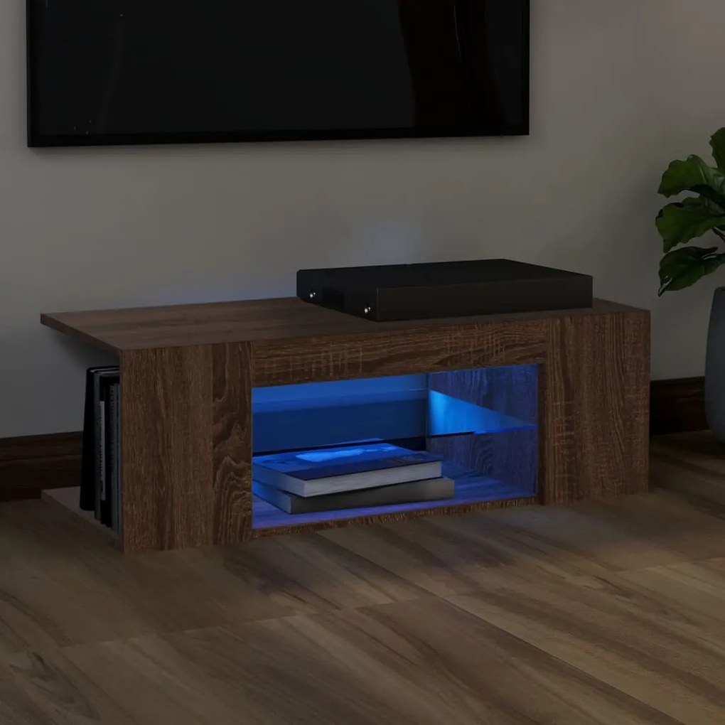 vidaXL Comodă TV cu lumini LED, stejar maro, 90x39x30 cm