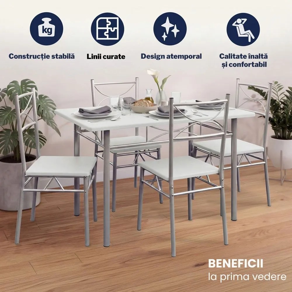 Set de mese de dining PAUL, 5 bucăți, catifea albă Jurhan