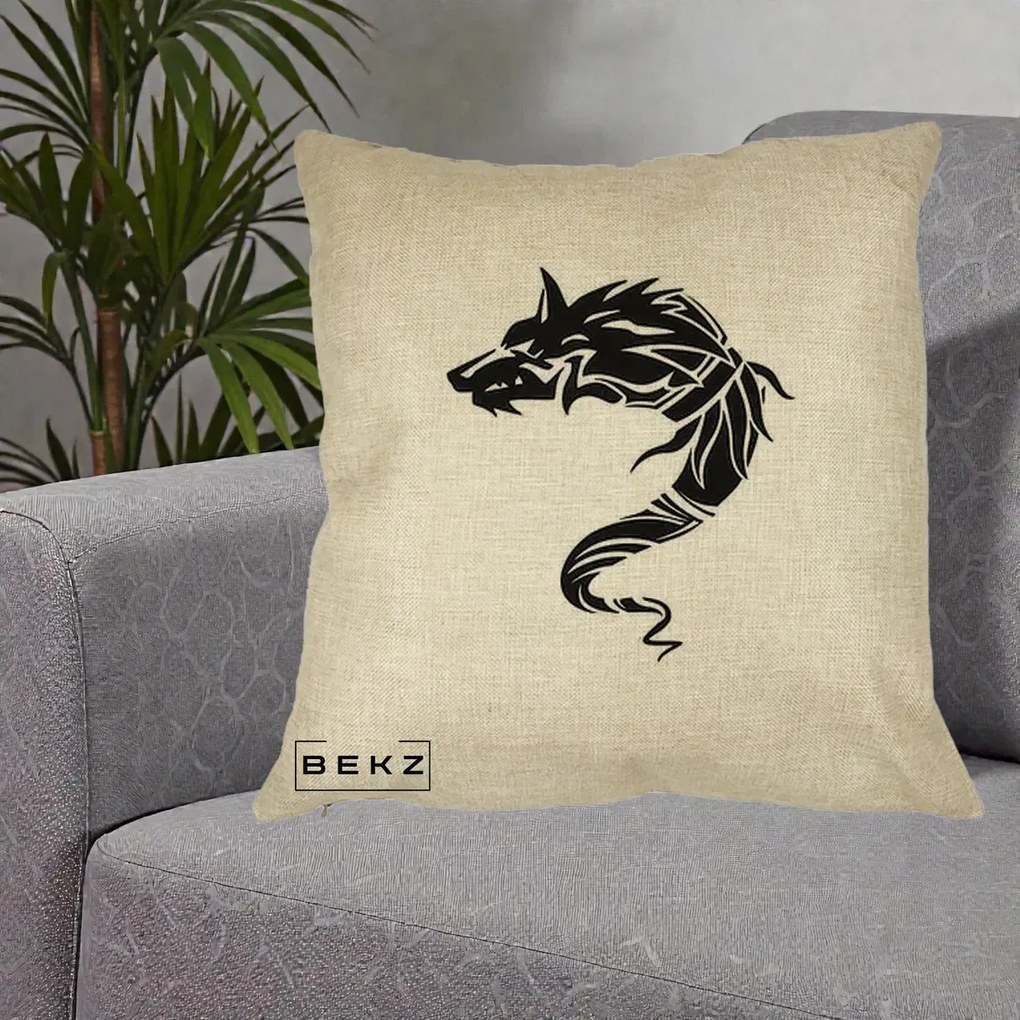 Perna Decorativa Lup Tribal Alb-Negru, 40x40 cm, Crem, Husa Detasabila, Perna Inclusa, BEKZ®