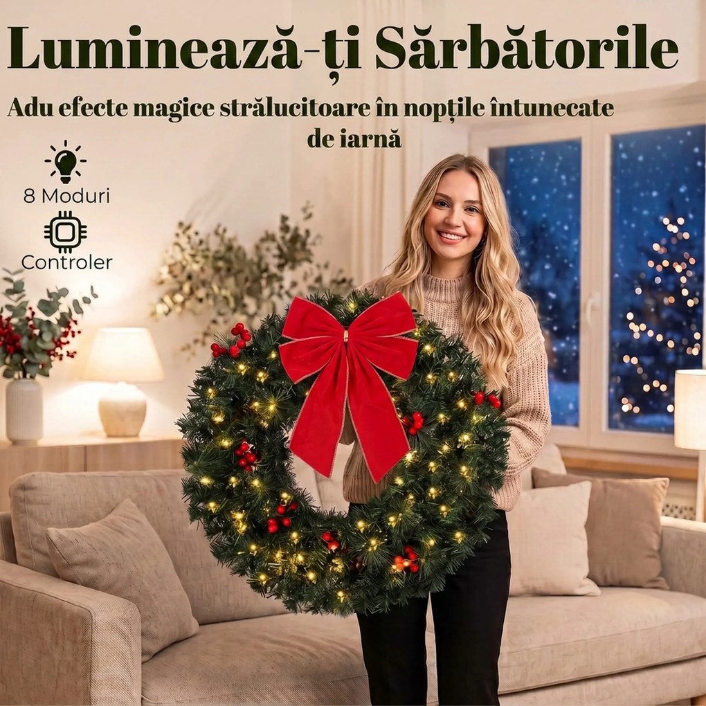HOMCOM Coroniță de Crăciun de 60 cm cu Lumini LED, Conuri de Brad și Bobițe, Verde | Aosom Romania