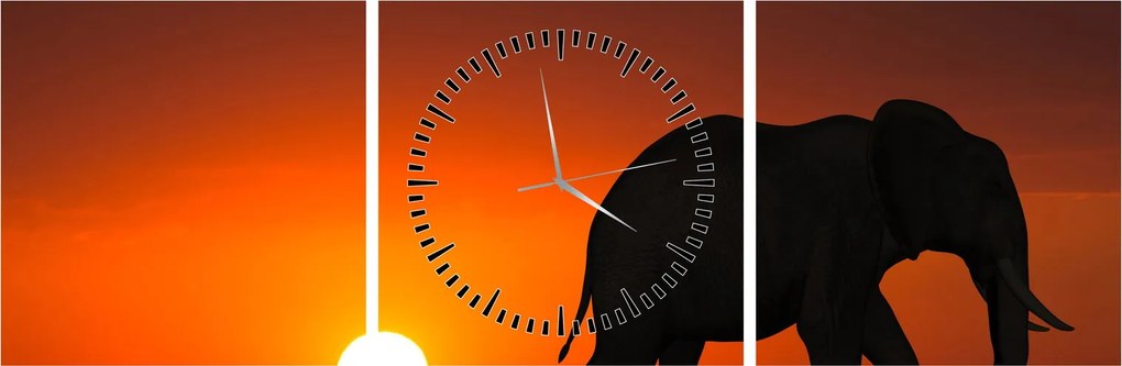 Tablou cu elefant în apus de soare (cu ceas) (90x30 cm)