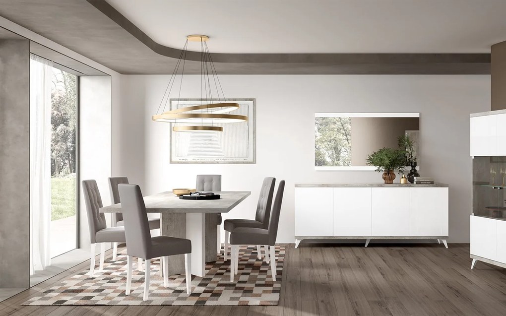 Set lemn masiv masă și scaune Concrete - 8 scaune, 180 × 103 × 75 cm (+ extensie 45 cm)