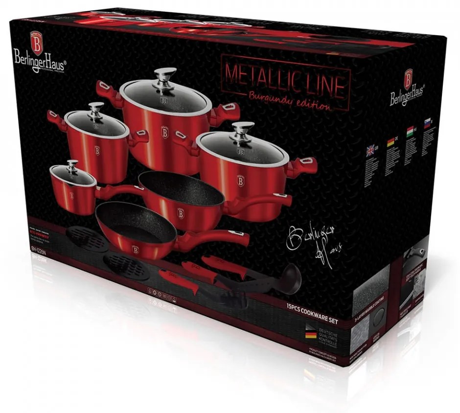 Set oale si tigai marmorate ( 15 piese ) din aluminiu forjat Burgundy Metallic Line Berlinger Haus BH 1226N