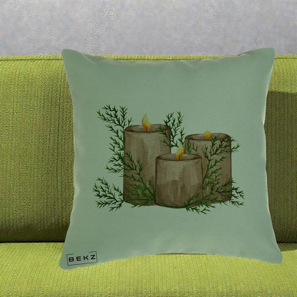 Perna Decorativa Lumanari Rustice cu Crengute Brad, 40x40 cm, Verde, Husa Detasabila, Perna Inclusa, BEKZ®