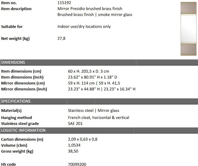 Oglinda decorativa LUX Presidio, alama periata 60x205cm 115192 HZ