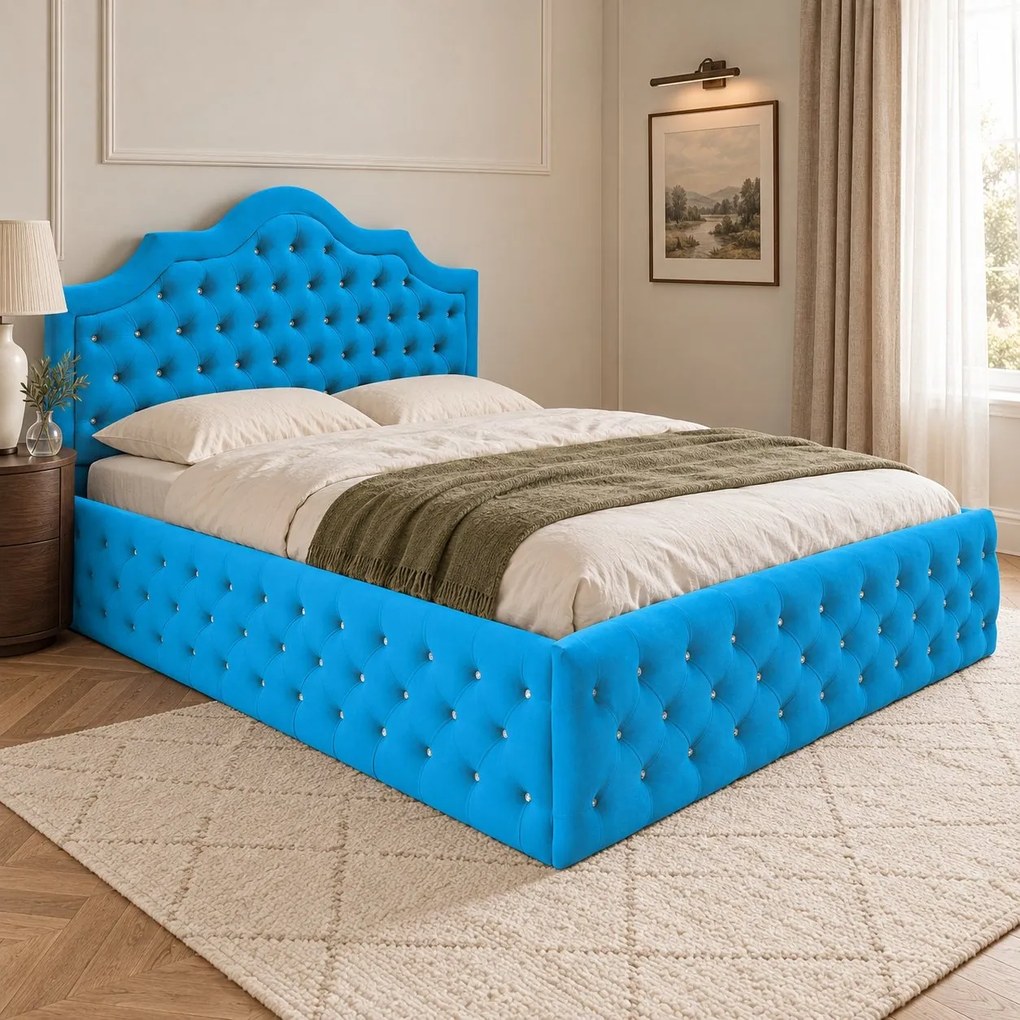 Pat tapițat Chesterfield din catifea Imperio Deluxe 140×200 cm, albastru deschis, cu ladă de depozitare