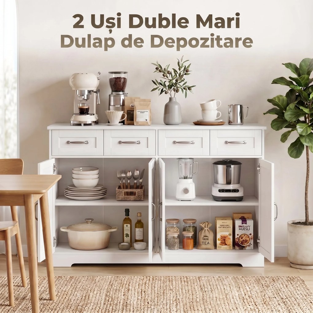 HOMCOM Dulap de Bucătărie, Mobilier de Bucătărie cu 4 Sertare, 4 Uși și 2 Rafturi Reglabile, Alb | Aosom Romania