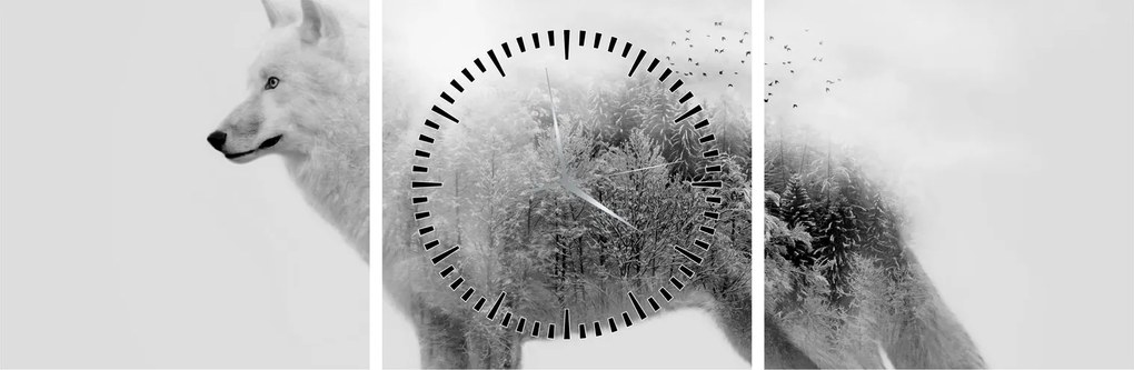 Tablou - Lupul arctic oglindit în peisajul sălbatic, alb-negru (cu ceas) (90x30 cm)