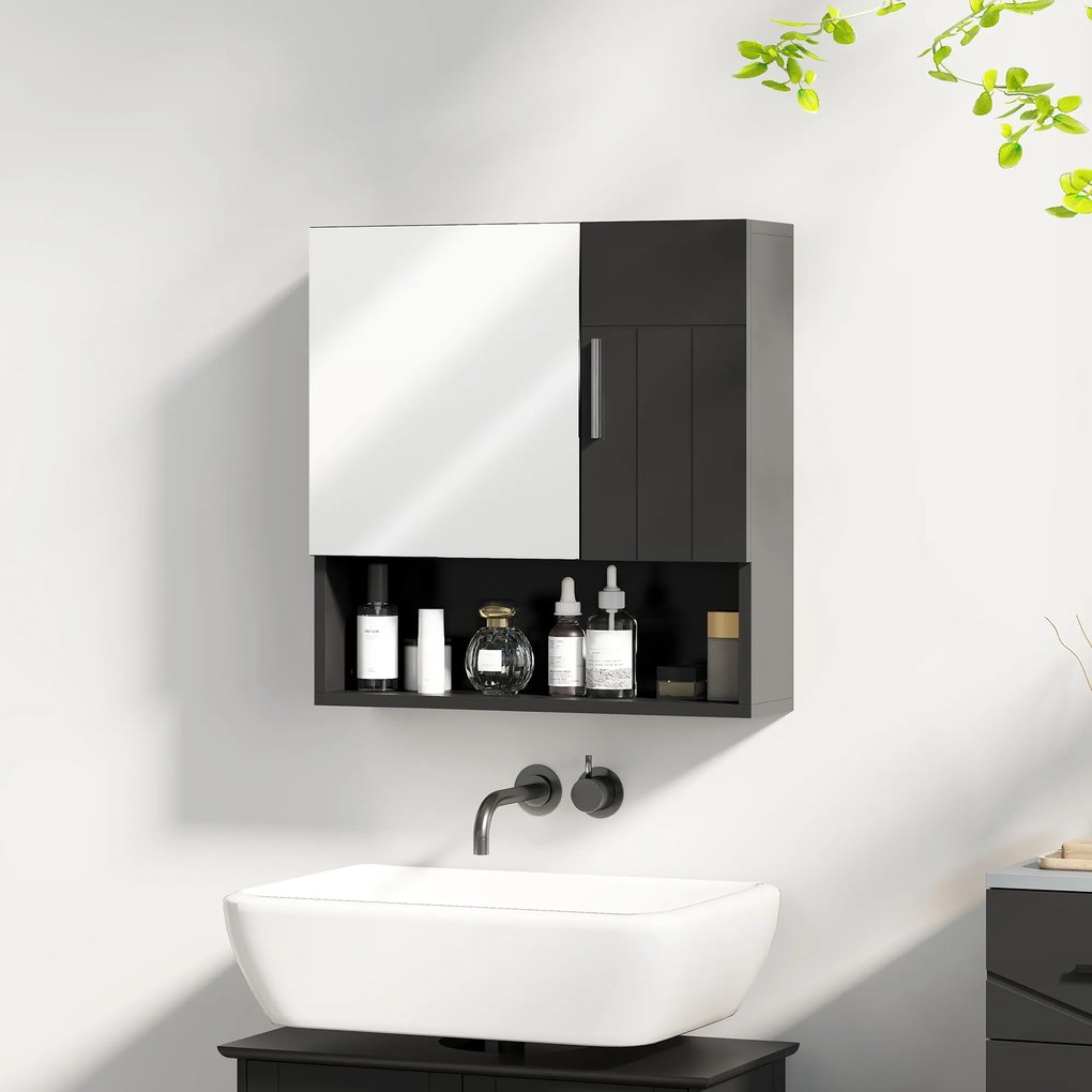 kleankin Dulap cu Oglindă pentru Baie 2 Uși și Raft Deschis 54x15.2x55.3 cm Negru | Aosom Romania