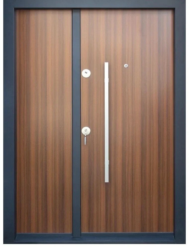 Usa metalica dubla de exterior cu izolatie si vizor Novo Doors NDS1400, Din compozit, 2 yale, Kit complet, Pentru case (Culoare: Nuc, Dimensiune: 140
