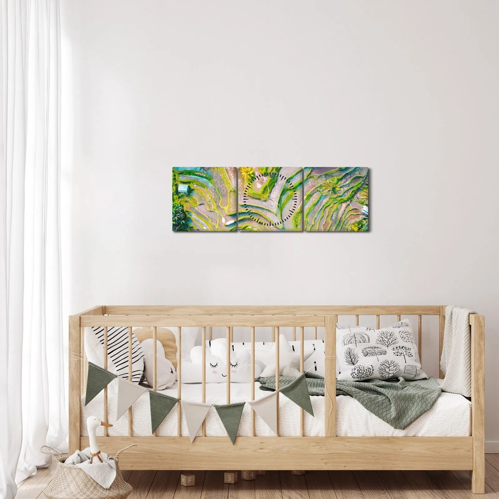 Tablou cu lanuri de orez din privire de sus (cu ceas) (90x30 cm)