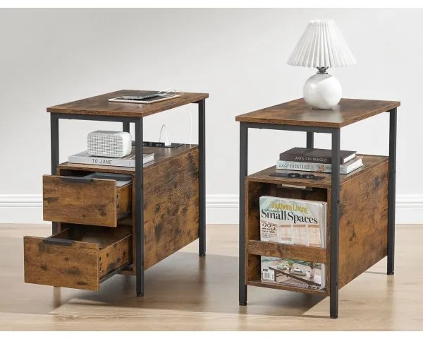 Masă laterală ROD cu prize integrate și porturi USB, maro/negru