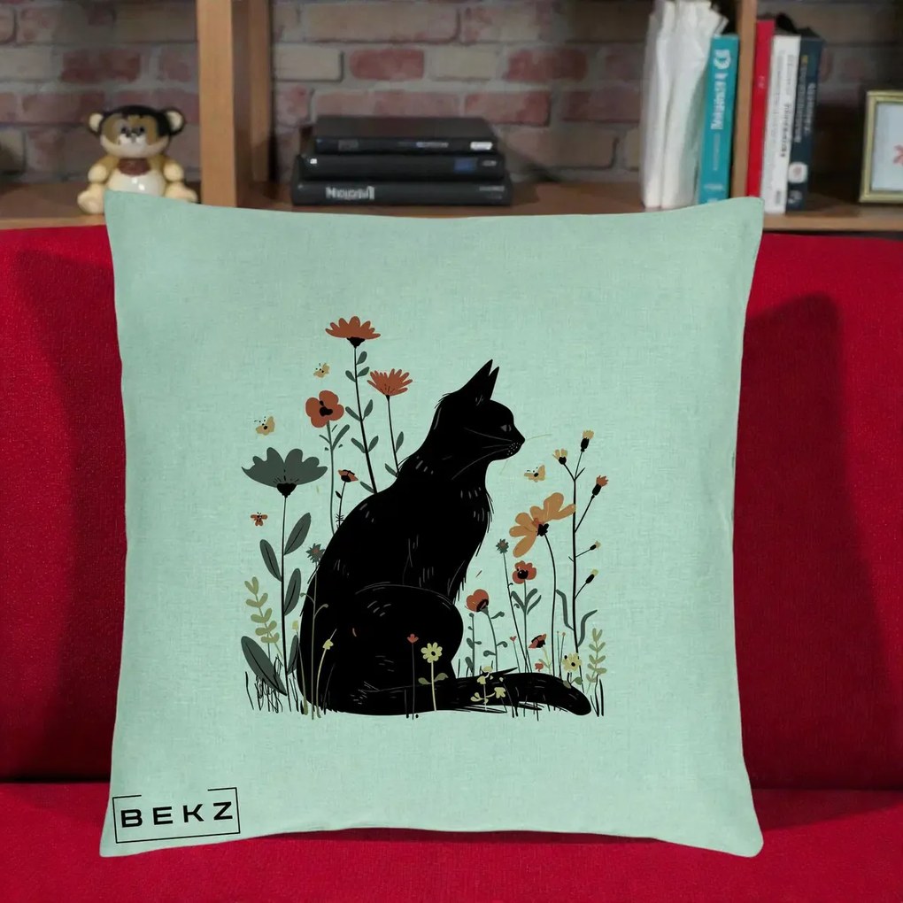 Perna Decorativa Pisica Neagra Profil Flori Portocalii, 40x40 cm, Verde Menta, Husa Detasabila, Perna Inclusa, BEKZ®