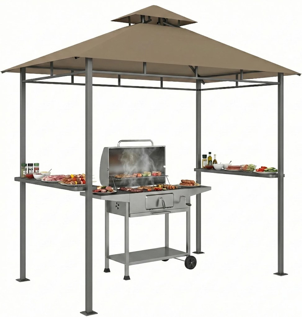 Outsunny Adăpost grătar exterior, cort de grădină 245x146x255cm din metal, acoperiș dublu, 2 rafturi laterale, Maro | Aosom Romania