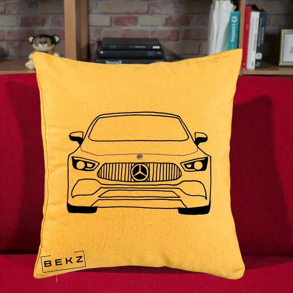 Perna Personalizata Mercedes-Benz Fata Linie, 40x40 cm, Galben, Husa Detasabila, Perna Inclusa, BEKZ®