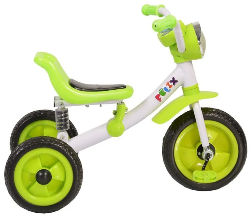 Tricicleta cu pedale NOVOKIDS™ Felix Trike ,Cu melodii si lumini, Max 20 kg, Suspensie spate, Roti din cauciuc EVA, Cadru metalic, Verde
