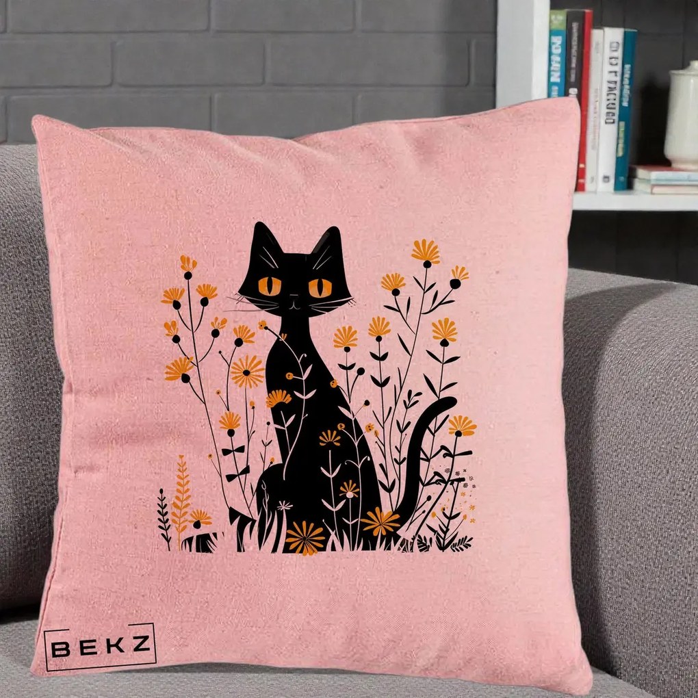 Perna Decorativa Pisica Neagra Ochi Galbeni Flori Galbene, 40x40 cm, Roz, Husa Detasabila, Perna Inclusa, BEKZ®