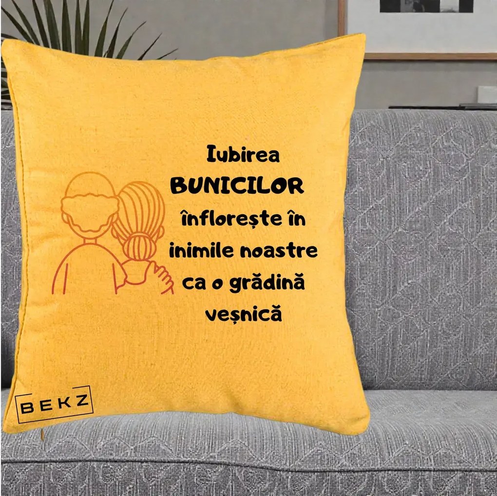 Cadou pentru Bunici - Perna Personalizata Iubirea Bunicilor Infloreste Cuplu Line Art Gradient, 40x40 cm, Galben, Husa Detasabila, Perna Inclusa, BEKZ®
