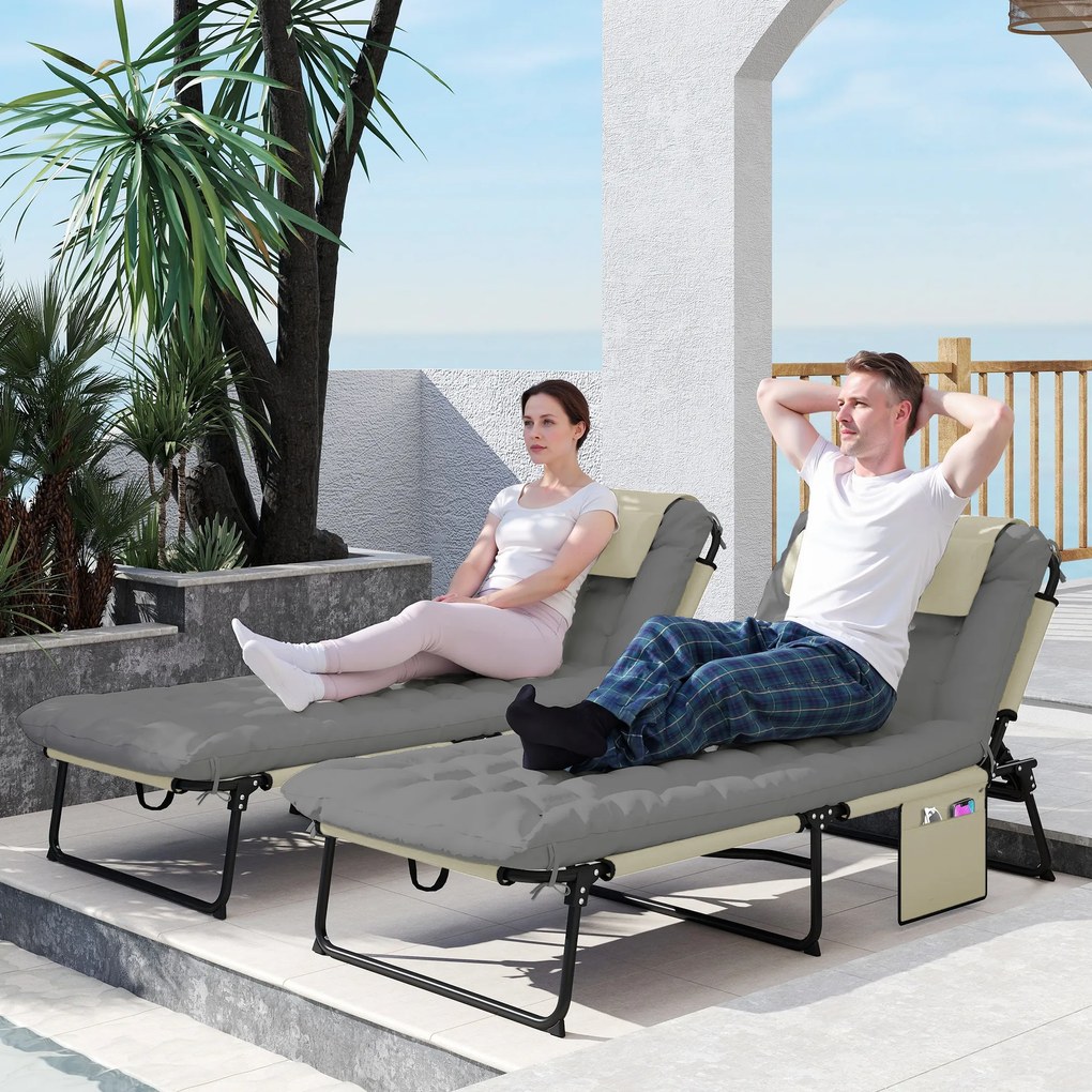 Outsunny Set de 2 șezlonguri pliabile cu spătar reglabil în 4 poziții - suport pentru cap și saltea groasă crem | Aosom Romania