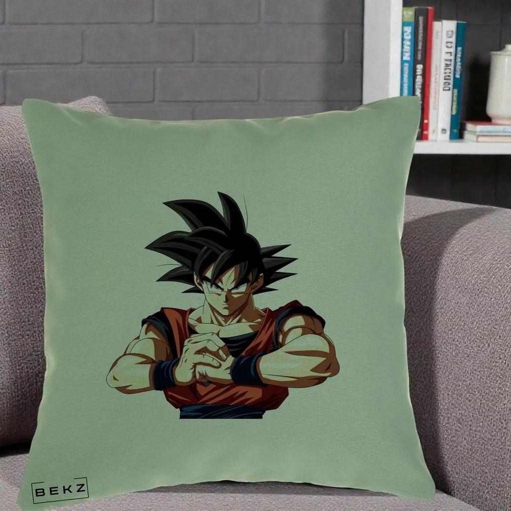 Perna Personalizata Dragon Ball Goku Portret Serios, 40x40 cm, Verde, Husa Detasabila, Perna Inclusa, BEKZ®