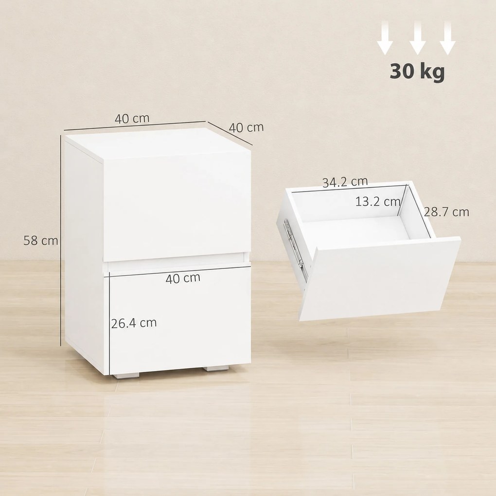 HOMCOM Set de 2 Noptiere cu 2 Sertare, Alb | Aosom Romania