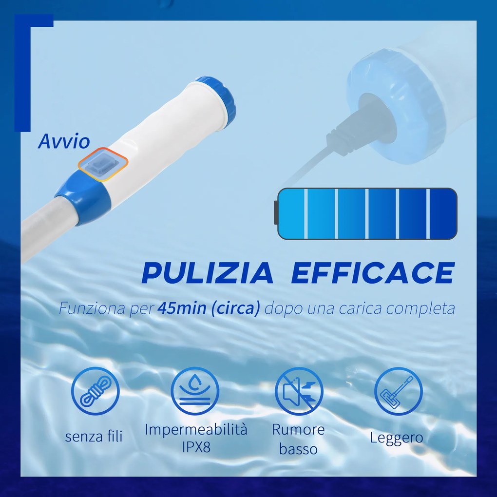 Outsunny Aspirator pentru Piscina Portabil Fara fir cu Stalp Telescopic si Cartus Filtru, 210x17x7cm, Alb si Albastru inchis