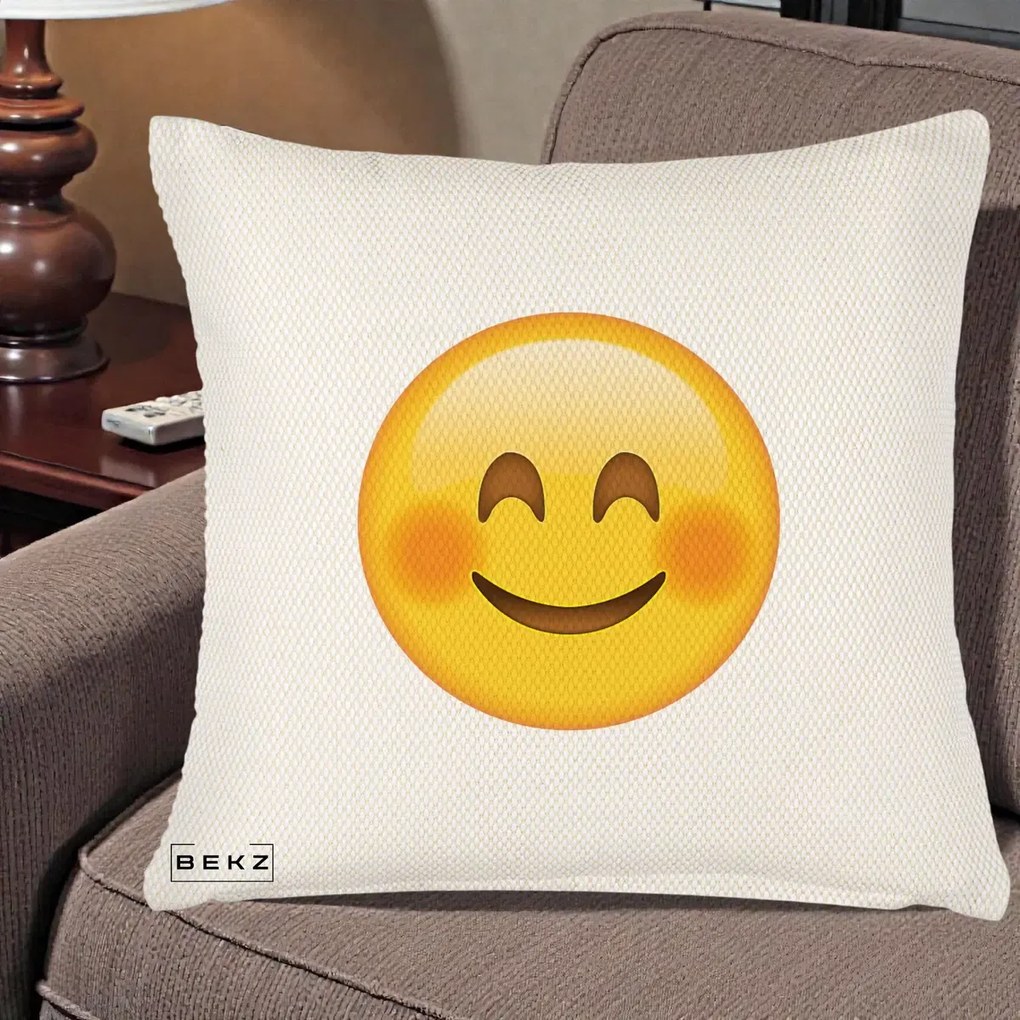 Perna Decorativa Emoji Fericit Roscat, 40x40 cm, Crem Reliefat, Husa Detasabila, Perna Inclusa, BEKZ®