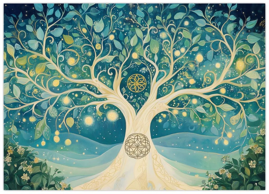 Tablou pe sticlă – Arbore magic cu spirale (70x50 cm)